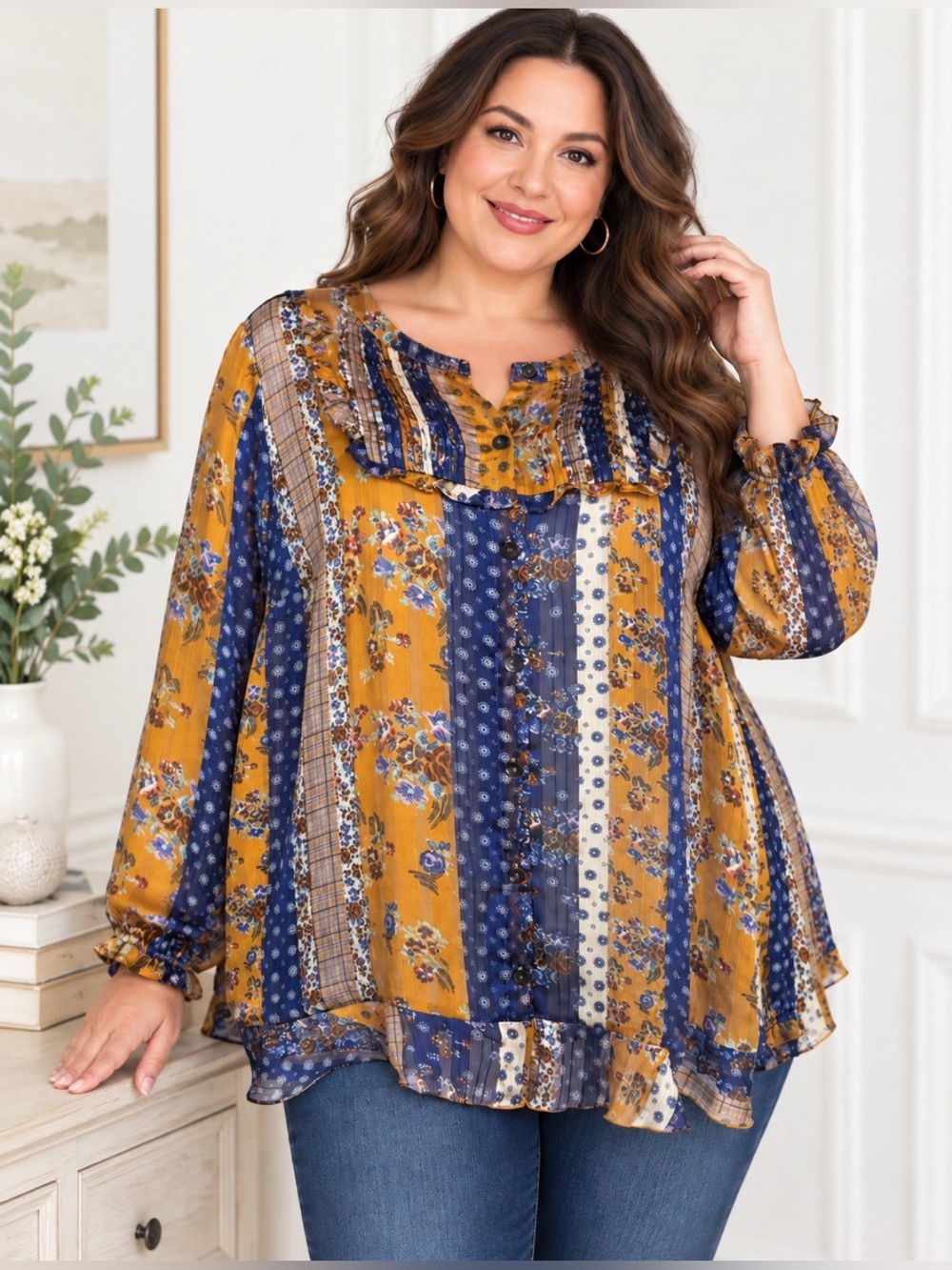 Boho Patchwork Floral Ruffle Blouse Mustard Navy Romantic 1X